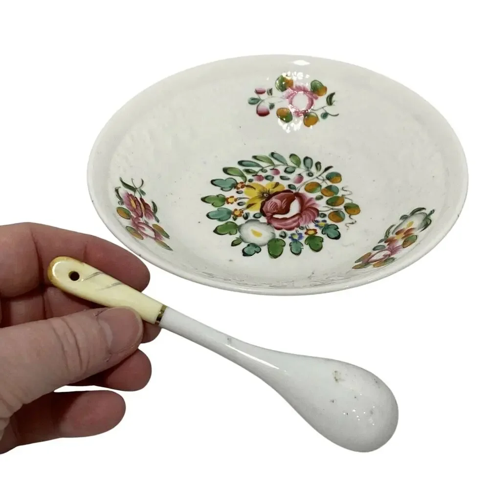 Hand painted white ceramic sauce bowl & spoon mayo dip dish condiment server